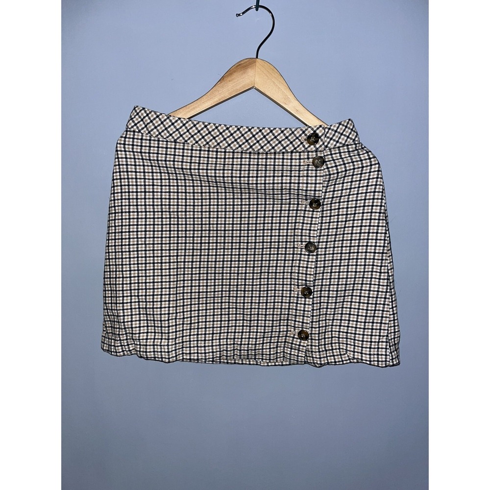 H&M Divided Plaid Mini Skirt Tan Black White Button Front Faux Wrap Size 8‎